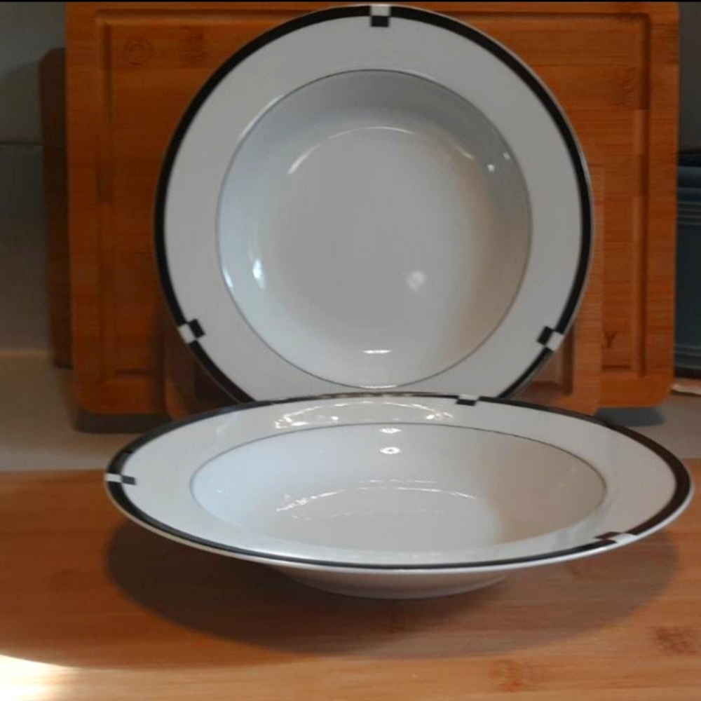 2 Mikasa Black Midnight 8 ½" Rim Soup Bowls Fine China GUC White and Black